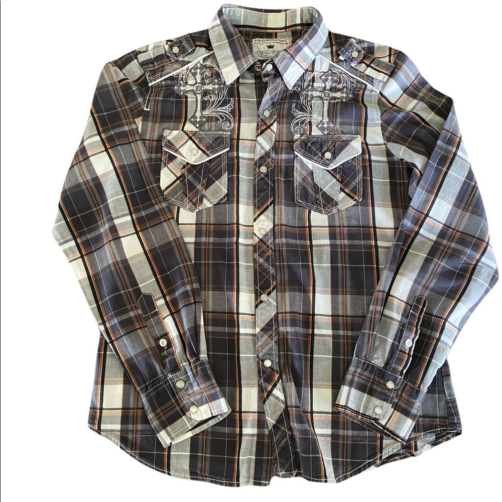 Western Plaid Shirt w Snaps Black an Orange Embroidered Cross F